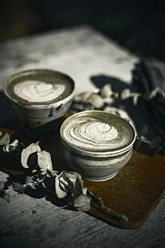 Close Up Of Green Tea Latte On Table Stock Photos