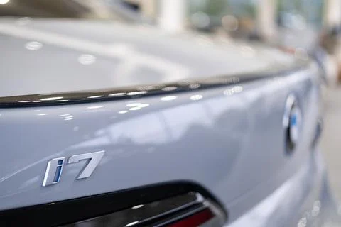 Close-up grey BMW electric i7 xDrive60 in Studio, Exterieur G70 BEV vehicle.. Stock Photos