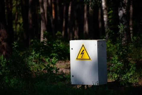 Close up Grey Hinged Power Supply Box in the wood. electrical box with yellow Stock Photos