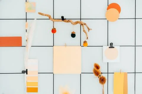 Close up grid mood board with fall colors palette notes and mockups, seasonal Stock Photos