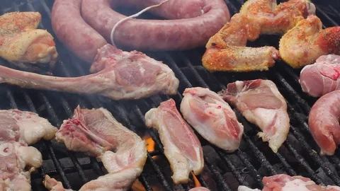 Close-up Of Grill Cooking Of Meat Video stock 127885256
