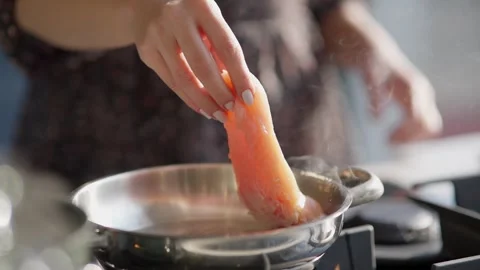 Close Up of Grilled Chicken Breast Cooking in Hot Pan Stock Footage 336466832