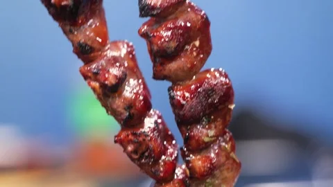 Close-up of Grilled Meat Skewers with Glossy Glaze - Street Food BBQ Stock Footage 337440586