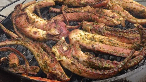 Close up on grilled octopus 4K Stock Footage 95839372