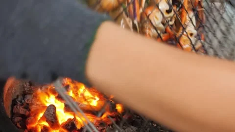 Close up of grilling fresh prawns over hot charcoal basket Vídeos de archivo 344227591