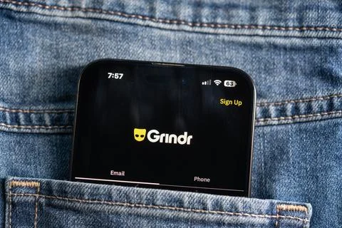 Close up of Grindr app on smartphone screen. Toronto, Canada - July 24, 2026. Stock Photos