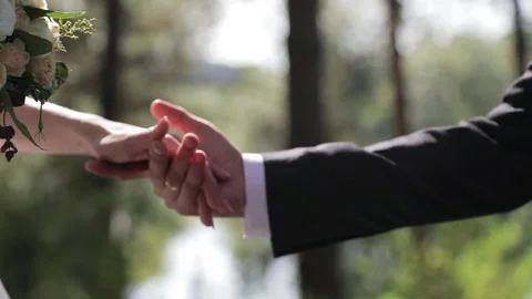 A close-up of the groom and bride hands with wedding rings, holding each other Stock Footage 321963701
