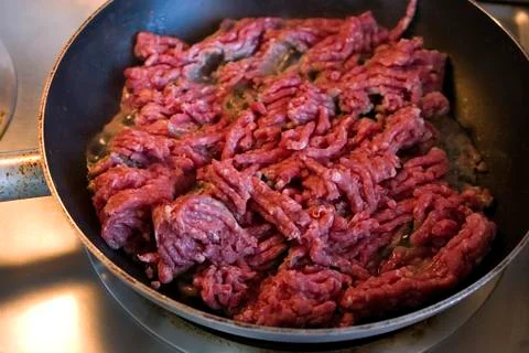 Close up on ground beef on a pan Stock Photos