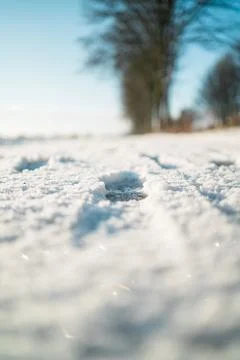 Close Up Ground Level View of a Snow Cover imprinted with a Footprint Stock Photos