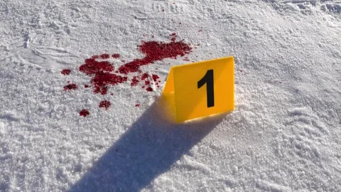 Close Ground Orbit of Winter Evidence Marker and Blood Spatter on Snow Stock Footage 328922971