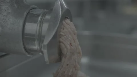 Close-up of ground poultry falling into a stainless steel tray Stock-Footage 327353667