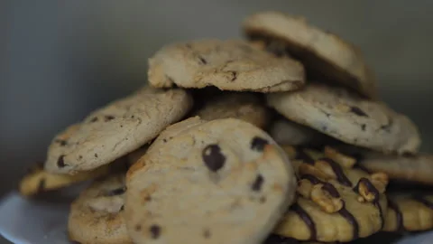 Close-up of Group of Assorted Cookies. Chocolate Chip, Oatmeal Raisin, Whit.. Stock Footage 292994211