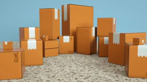 Close up of the group brown boxes on a stone table. Moving to a new house. Stock Illustration