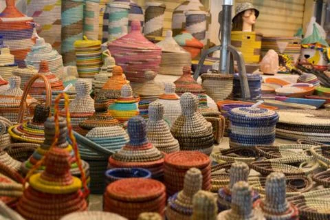 Close Up of Group of Demijohn Wrapped with Colored Cotton 库存照片