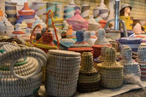 Close Up of Group of Demijohn Wrapped with Colored Cotton 库存照片