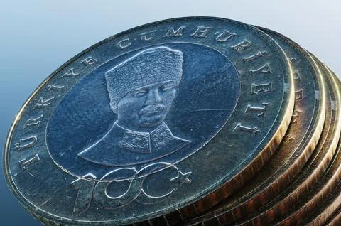 Close-up of a group of five Turkish lira coins. 3D rendering illustration. Иллюстрация