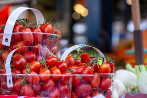 Close Up of a Group of Fresh Cherry Tomatoes at the Italian Market Stock Photos
