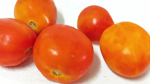 Close-up of a group of fresh ripe red tomatoes isolated on white background. 스톡 동영상 338990847