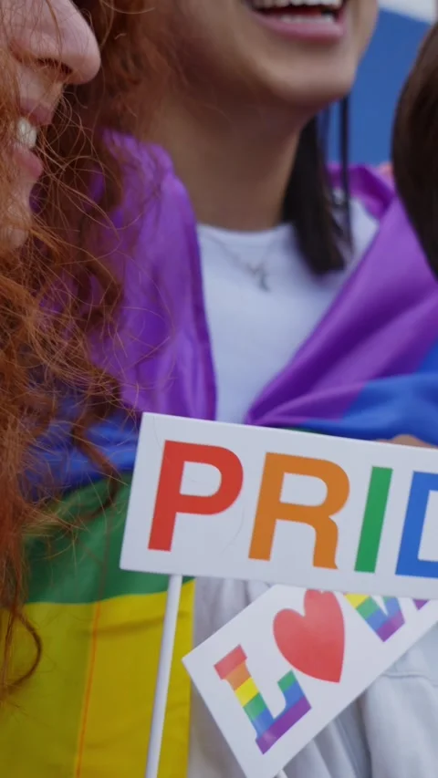 Close up group happy young people posing funny celebrating gay pride festival Stock Footage 270615593