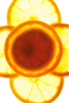 Close up group of orange slices with backlite. macro photo Stock Photos