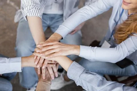 Close up group therapy concept with hands Stock Photos