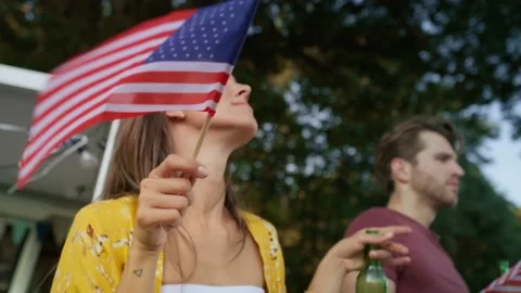 Close up of group of young friends dancing and celebrating 4th of July on the ca Stock-Footage 197306832