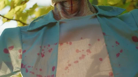 Close-up of a gruesome zombie head prop with bloodstained face and rope, set Stock Footage 295133524
