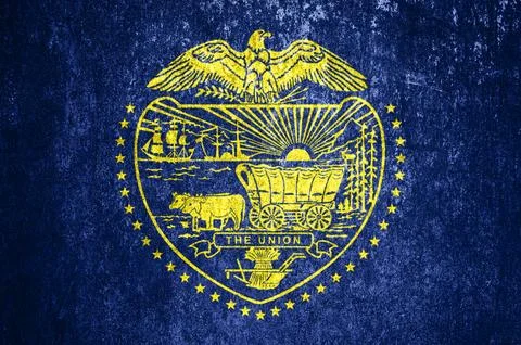 Close-up of the grunge Oregon state flag. Dirty Oregon state flag on a meta.. Stock-Illustration