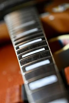 Close-up of Guitar Fretboard with Rectangular Inlays Stock Photos