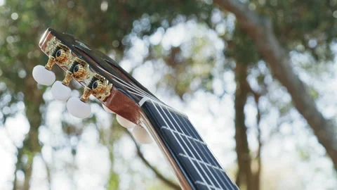 Close-up of the guitar head of a classical guitar with gold pegs.  Stock Footage 201943677