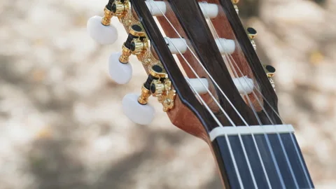 Close-up of the guitar head of a classical guitar with gold pegs. Part of a.. Stock Footage 303707380
