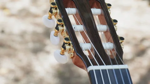 Close-up of the guitar head of a classical guitar with gold pegs. Stock Footage 304101149