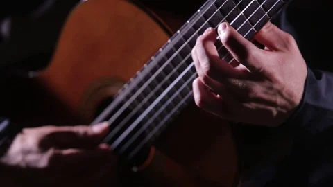 Close-up of guitar strings and fretboard,man playing an acoustic guitar,isolated Stock Footage 121584221