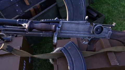 Close up gunners weaponfrom 2nd world war era 4K Stock Footage 115793192