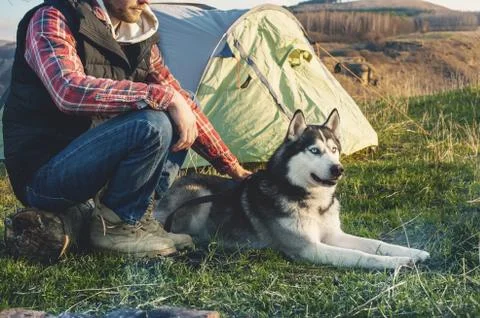Close-up Guy bearded in jeans checkered shirt and a sleeveless jacket with a dog Stock Photos