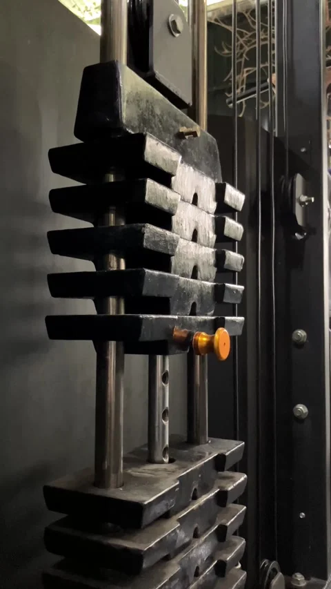 Close-up of gym weight stack moving up and down on a cable machine. Stock Footage 346014631