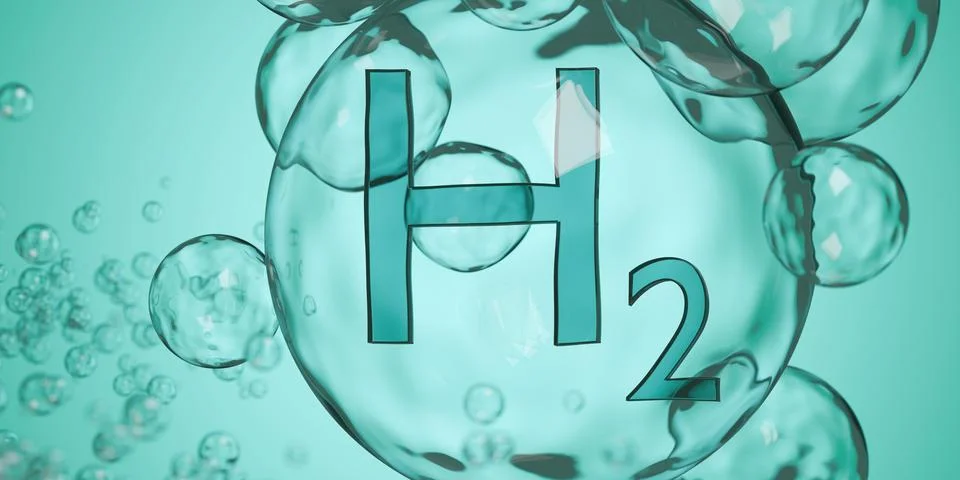 Close up of H2 hydrogen symbol in bubble floating between other bubbles on .. Stock Illustration