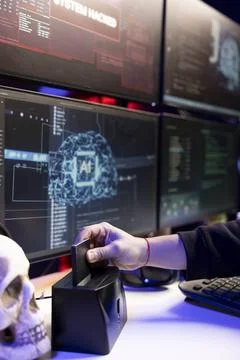 Close up of hacker extracting military secrets data from secure systems with SSD Stockfoto's