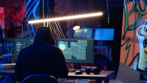 Close up of hacker in graffiti painted hideout focused on developing spyware 写真素材