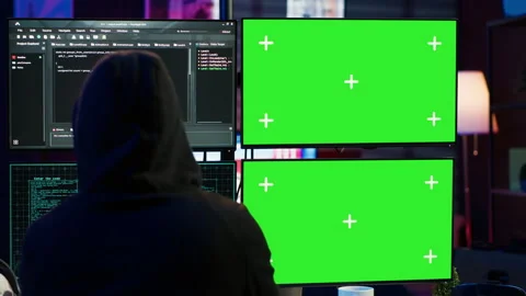 Close up of hacker running code in apartment on PC monitors Stock Footage 275759103