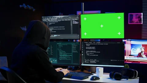 Close up of hacker running code in apartment on PC monitors Stock Footage 275864050