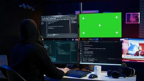 Close up of hacker running code in apartment on PC monitors Stock Photos