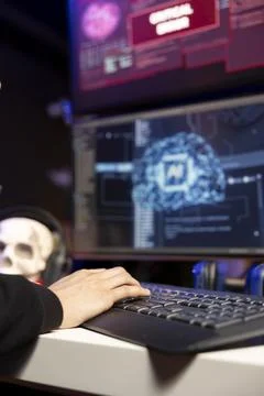 Close up of hacker seeing critical error warning while stealing data using AI Stock Photos