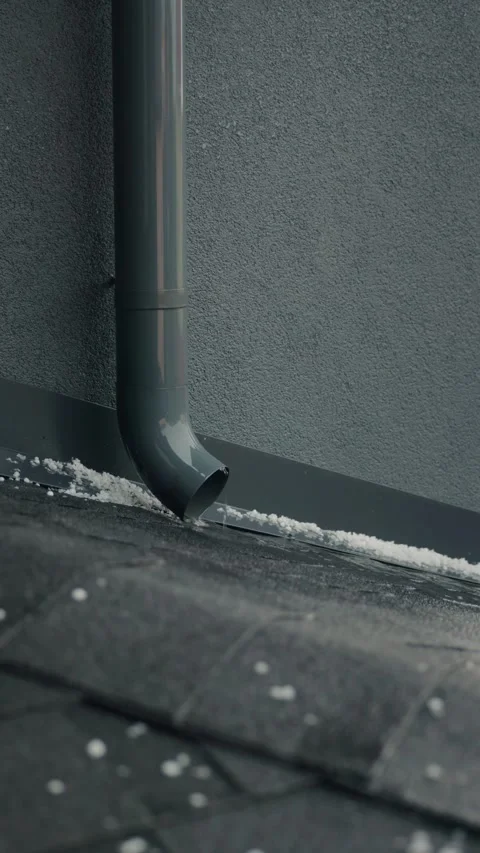 Close up of hail falling from grey metal downspout onto roof during severe .. Stock Footage 335671264