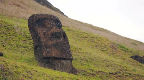Close-up on half burried Moai statue on the hillside, Ester Island Stock Footage 64258681