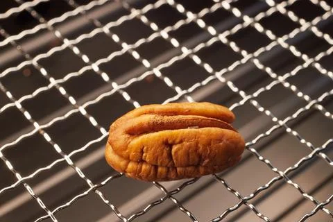 Close-up of a half pecan kernel on a metal grill mesh, natural texture and li Stock Photos