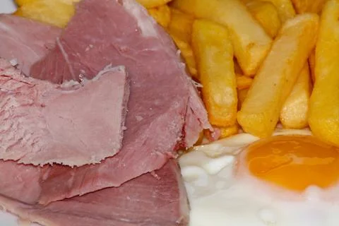 Close up of ham, egg and chips Foto stock