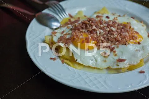 Close Up Of Ham Egg And Chips
