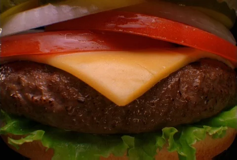 A close-up of a hamburger viewed from bottom to top Stock Footage 86883862