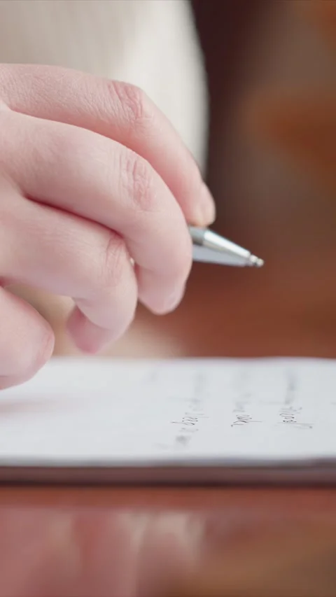 Close up of hand actively handwriting in notebook with pen featuring writing Stock Footage 348176382